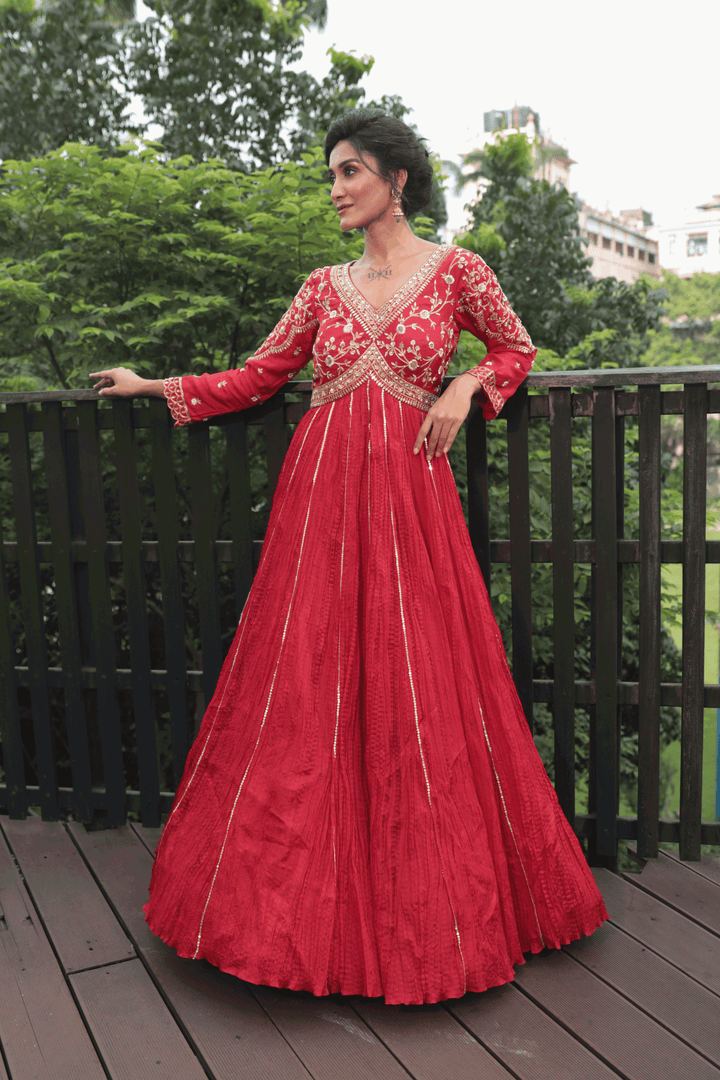 Red Zardosi Crush Anarkali - Bandhani