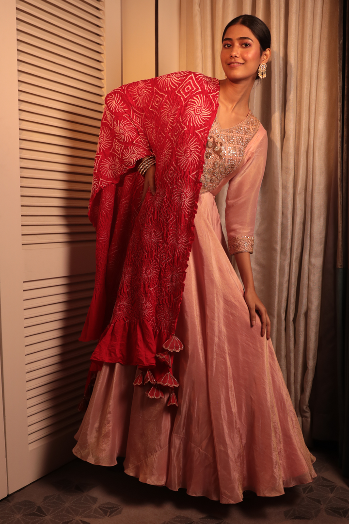 Rose Gold Tissue Zardosi Anarkali With Red Bandhani Dupatta - Bandhani