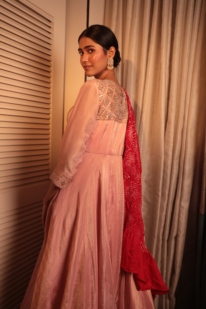 Rose Gold Tissue Zardosi Anarkali With Red Bandhani Dupatta - Bandhani