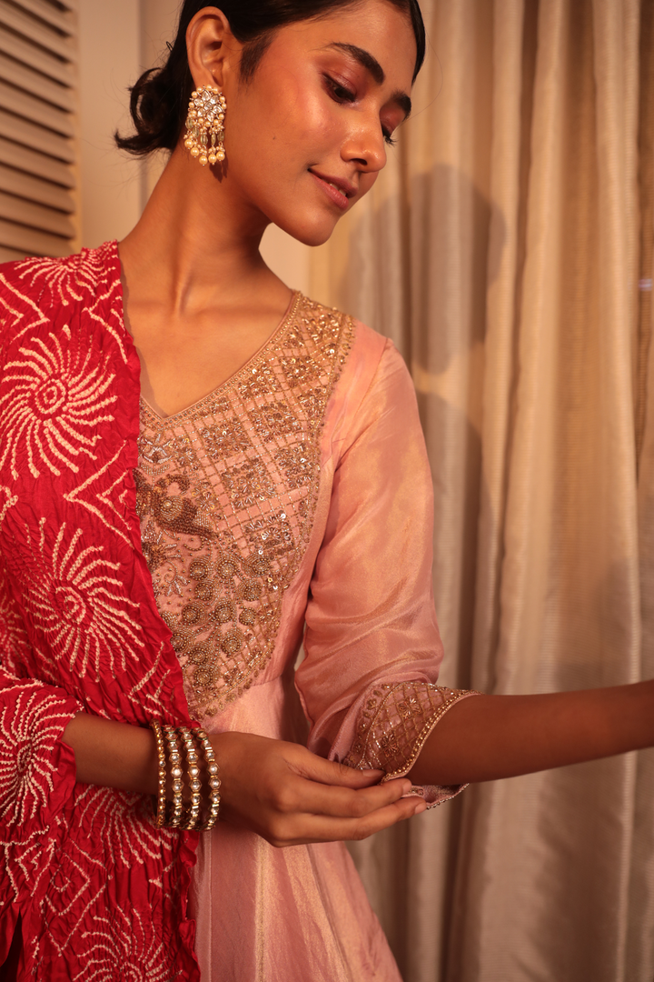 Rose Gold Tissue Zardosi Anarkali With Red Bandhani Dupatta - Bandhani