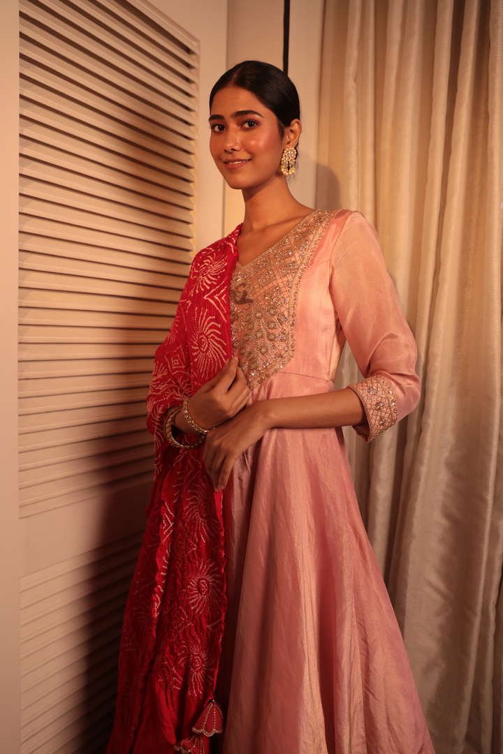 Rose Gold Tissue Zardosi Anarkali With Red Bandhani Dupatta - Bandhani