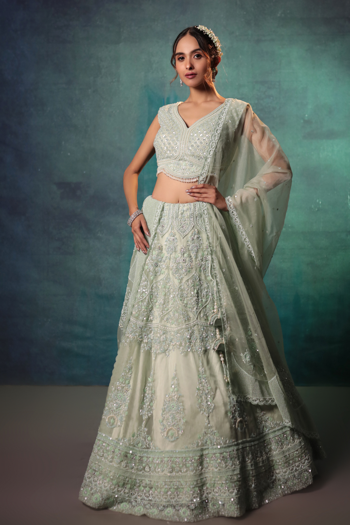 Sea Green Chandelier Lehenga Set - Bandhani