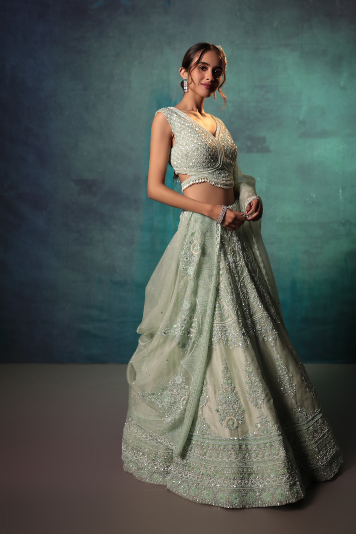 Sea Green Chandelier Lehenga Set - Bandhani