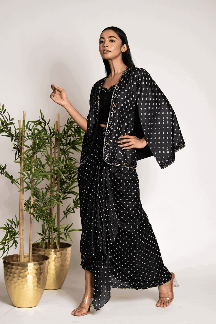 Signature Black Bandhani Drape Skirt, Bralette And Blazer - Bandhani