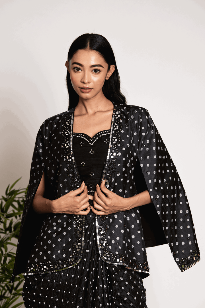 Signature Black Bandhani Drape Skirt, Bralette And Blazer - Bandhani