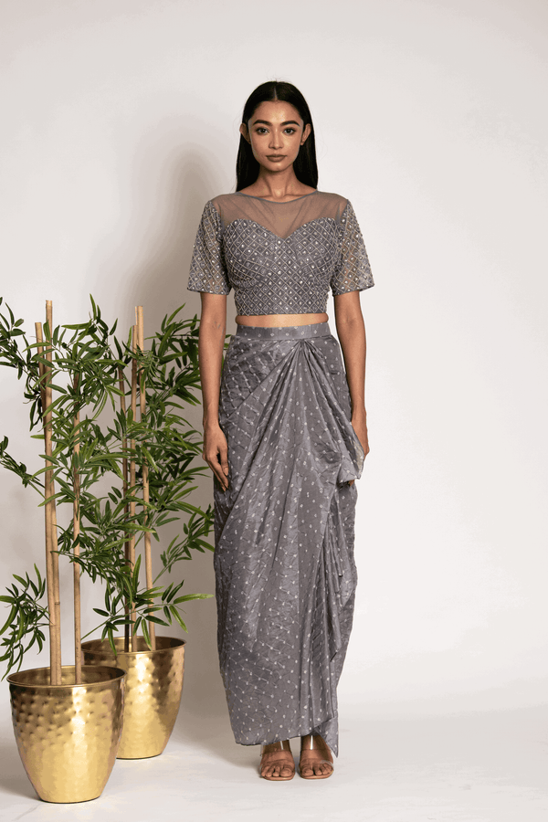 Signature Steel Grey Bandhani Drape Skirt With Corset Blouse - Bandhani