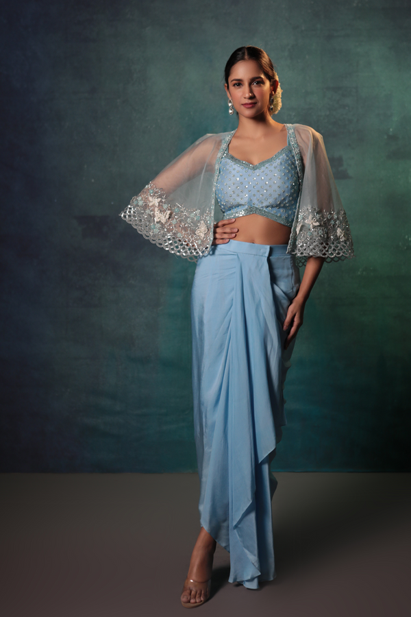 Sky Blue Drape Skirt, Cami Top & Drape Skirt - Bandhani