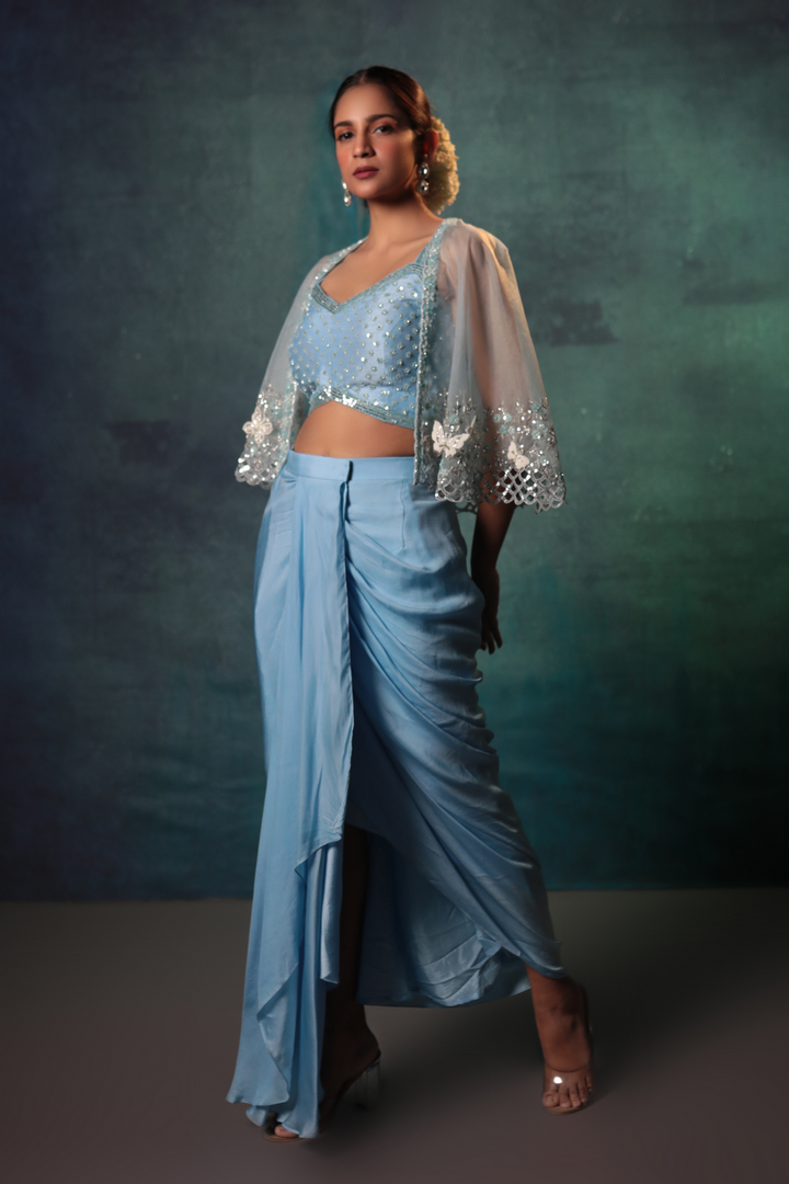 Sky Blue Drape Skirt, Cami Top & Drape Skirt - Bandhani