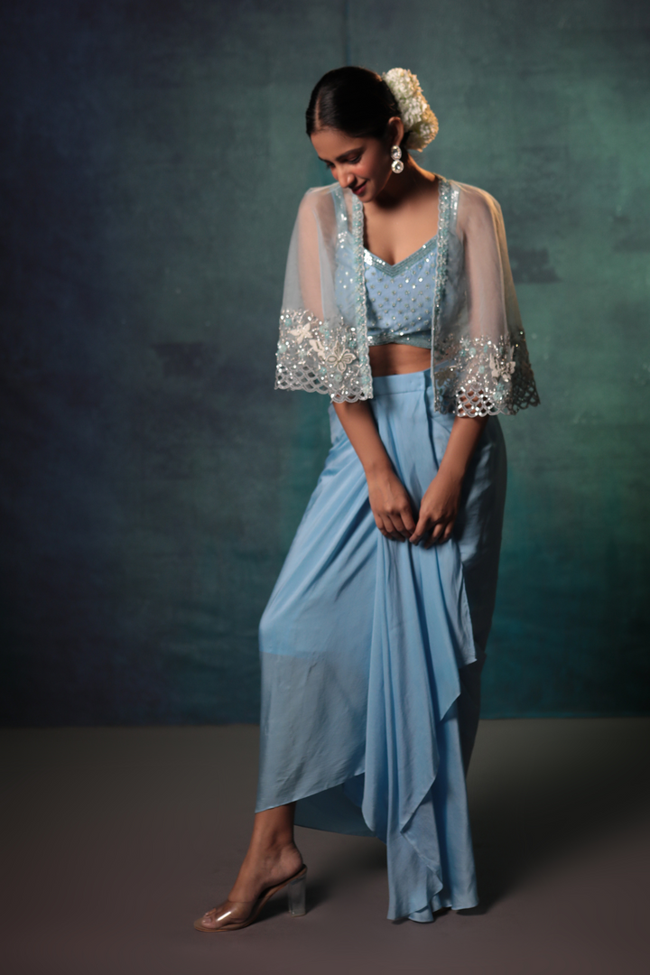 Sky Blue Drape Skirt, Cami Top & Drape Skirt - Bandhani