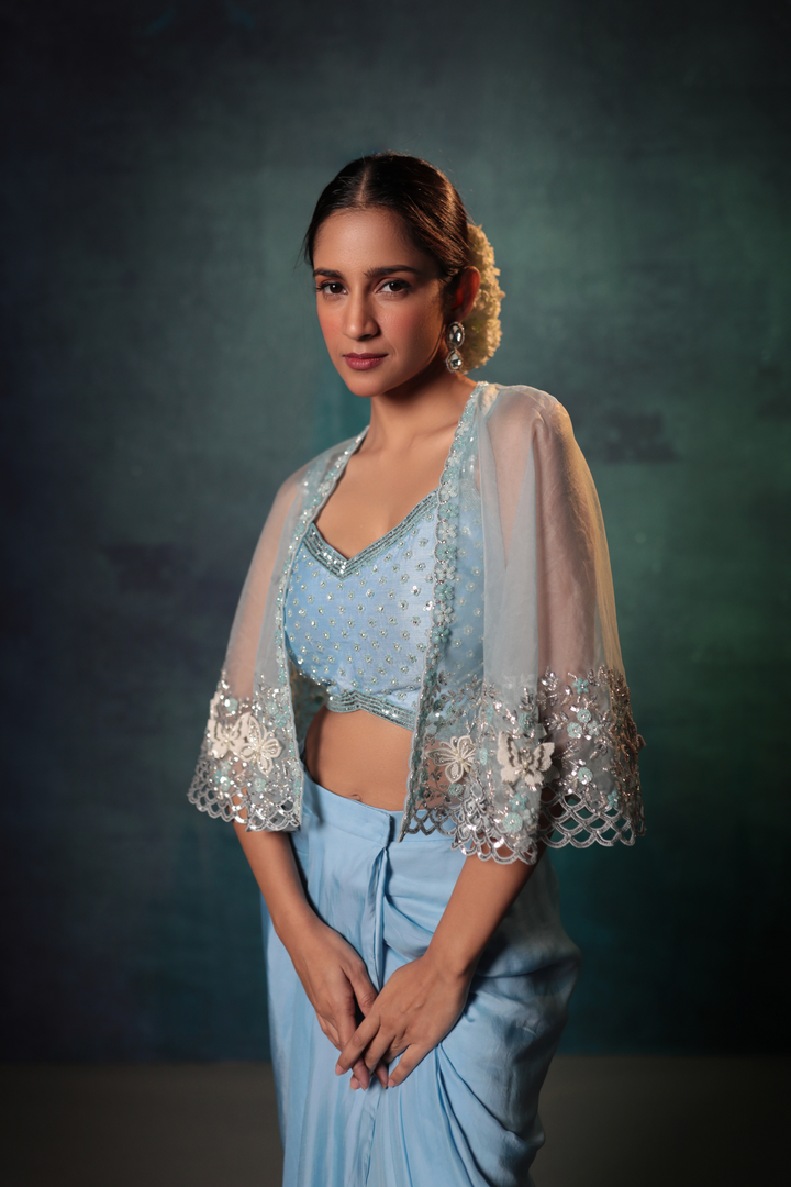 Sky Blue Drape Skirt, Cami Top & Drape Skirt - Bandhani