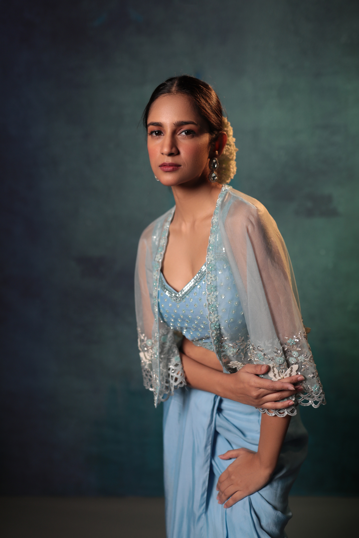 Sky Blue Drape Skirt, Cami Top & Drape Skirt - Bandhani