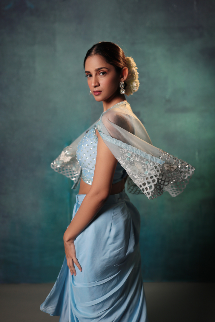 Sky Blue Drape Skirt, Cami Top & Drape Skirt - Bandhani