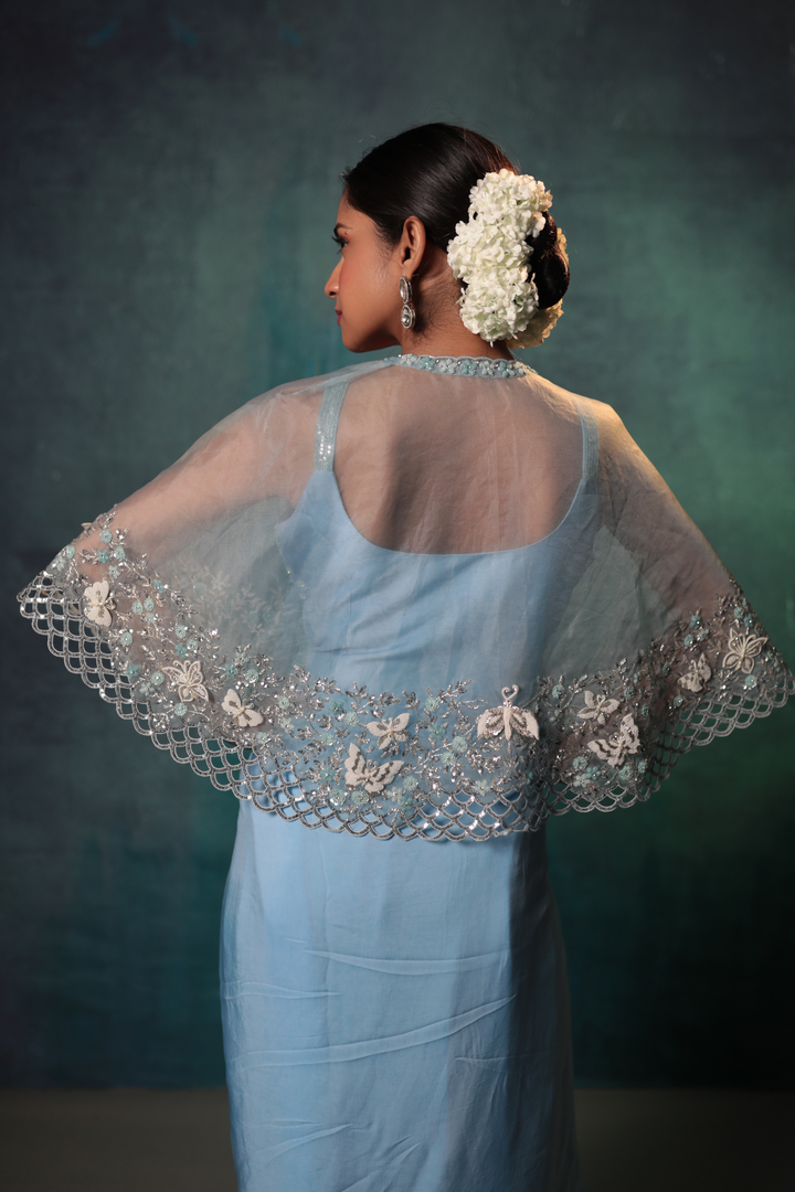 Sky Blue Drape Skirt, Cami Top & Drape Skirt - Bandhani