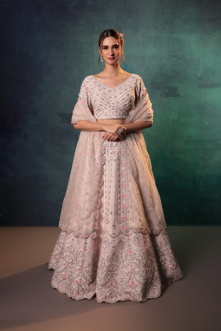 Soft Pink Chandelier Pearl Work Lehenga Set - Bandhani