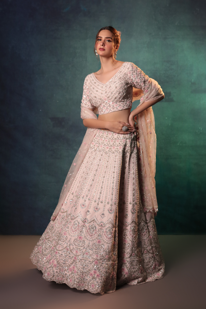 Soft Pink Chandelier Pearl Work Lehenga Set - Bandhani