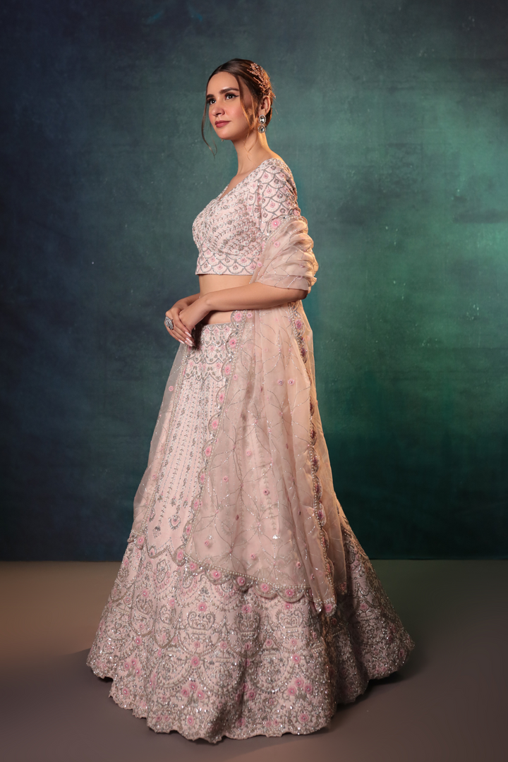 Soft Pink Chandelier Pearl Work Lehenga Set - Bandhani