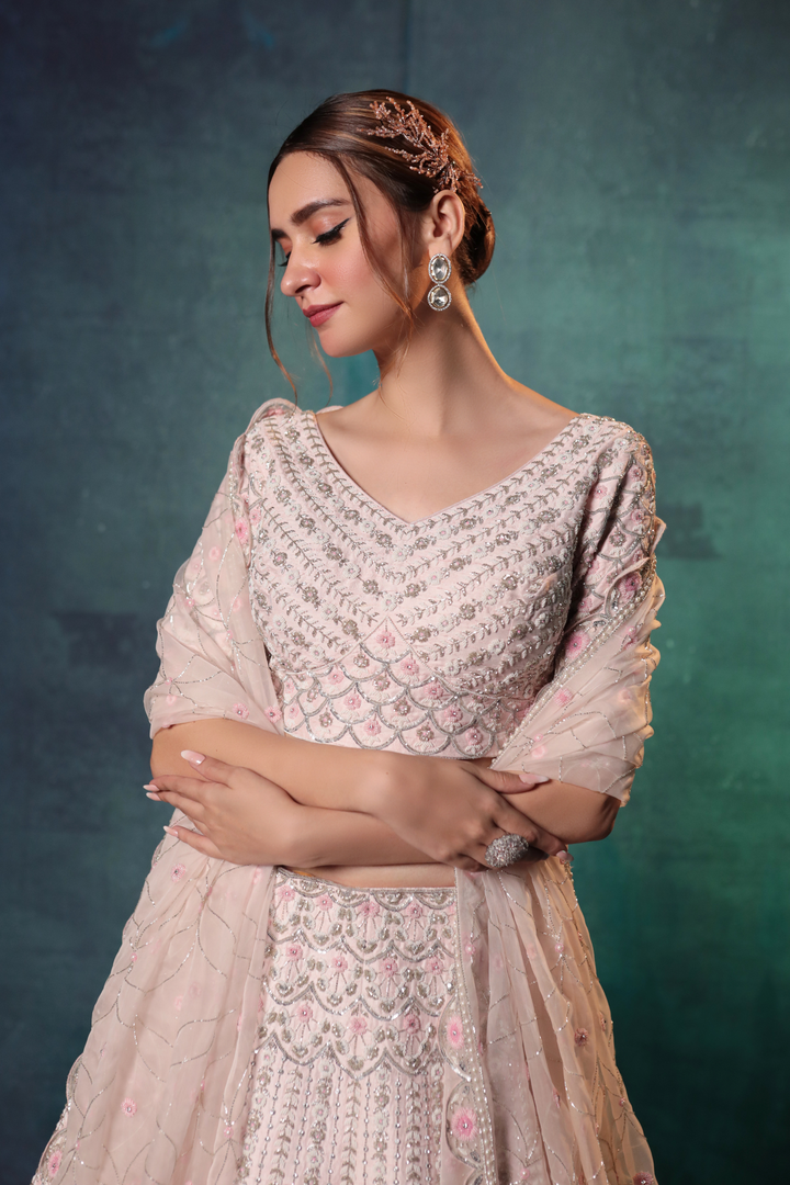 Soft Pink Chandelier Pearl Work Lehenga Set - Bandhani