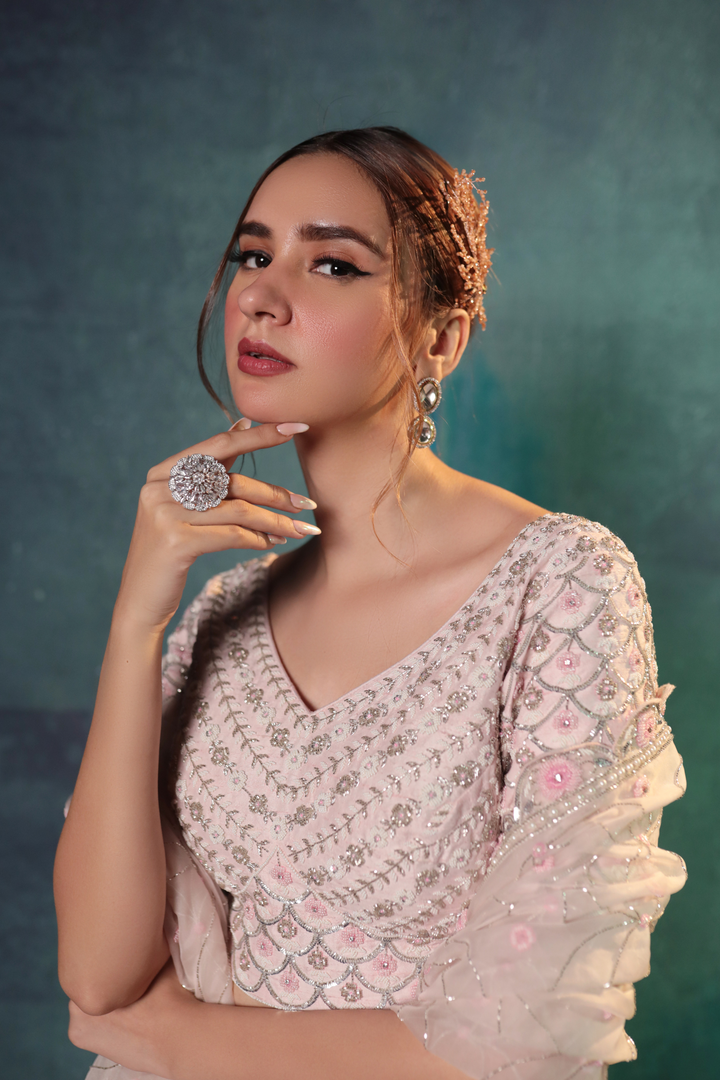 Soft Pink Chandelier Pearl Work Lehenga Set - Bandhani