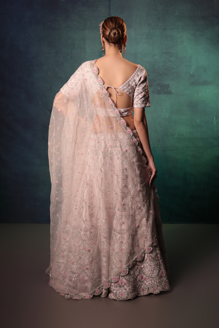 Soft Pink Chandelier Pearl Work Lehenga Set - Bandhani
