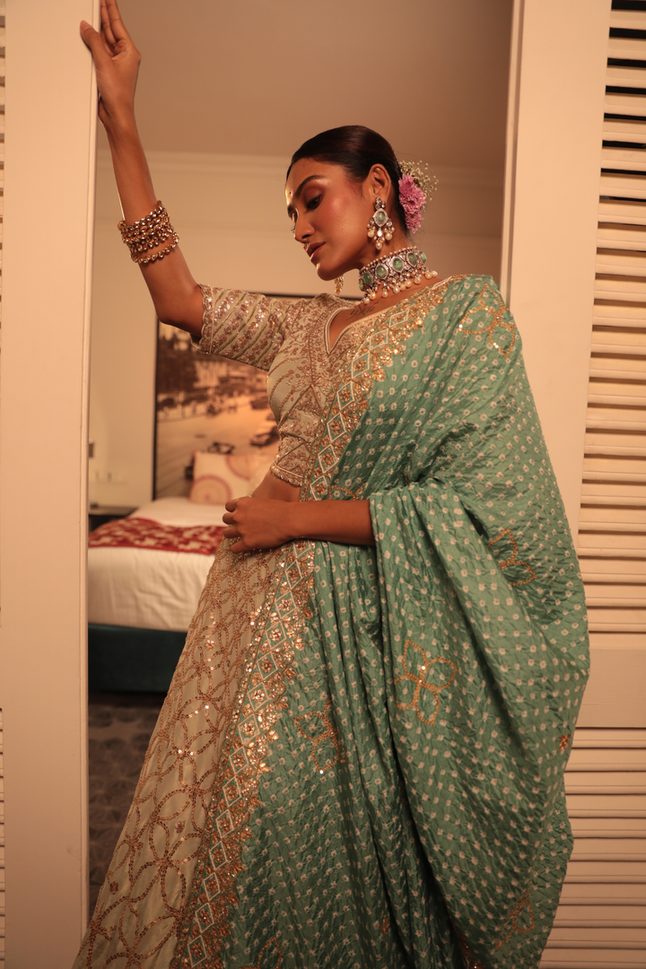 Tissue Sequins And Gotapatti Lehenga With Bandhani Dupatta - Bandhani
