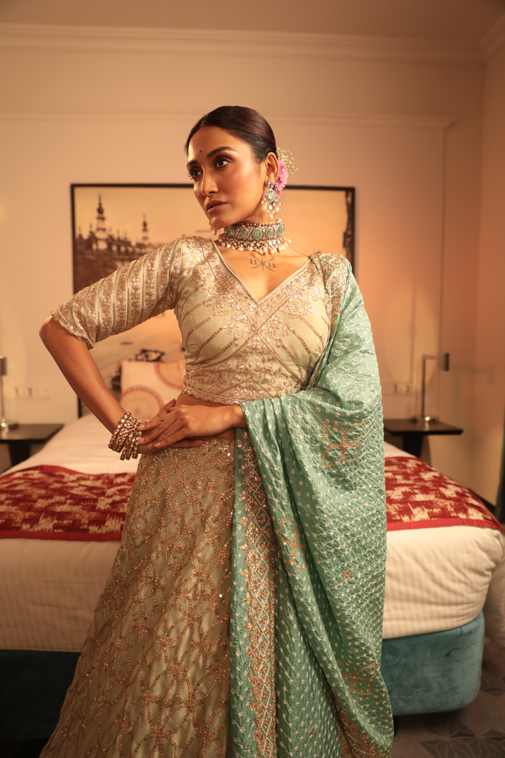 Tissue Sequins And Gotapatti Lehenga With Bandhani Dupatta - Bandhani