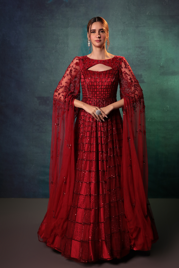 Wine Window Gown With Exaggerated Sleeves