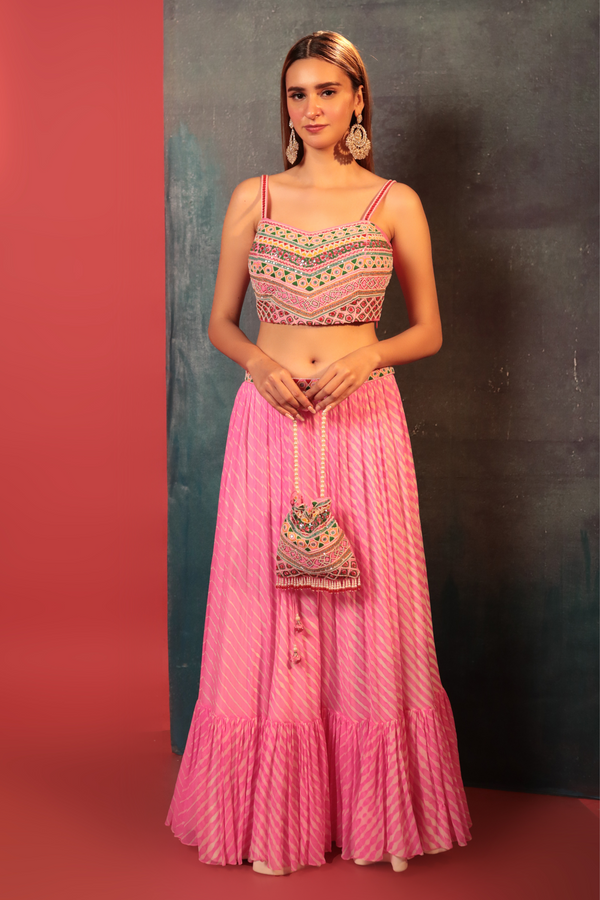 Pink Embroidered Crop Top & Leheriya Skirt
