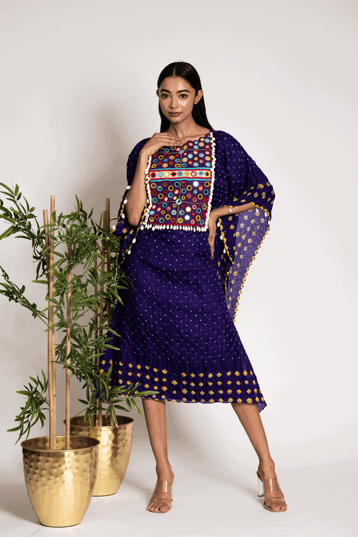 Violet Bandhani Kaftaan With Anchor And Mirror Embellishment - Bandhani