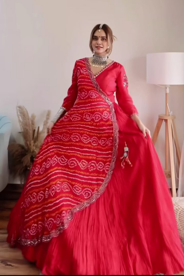 Red Mirror Work Angrakha Anarkali