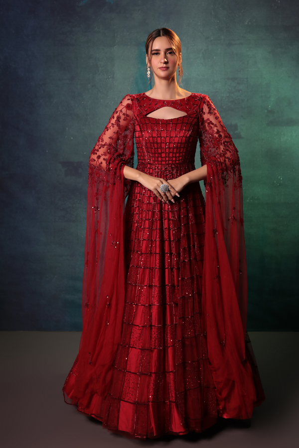 Wine Gown With Exaggerated Sleeves - Bandhani