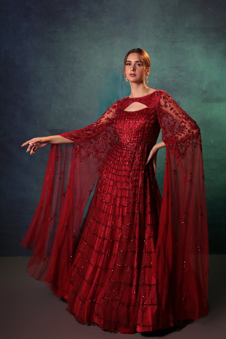 Wine Gown With Exaggerated Sleeves - Bandhani