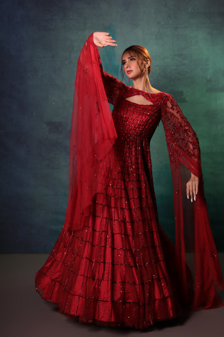 Wine Gown With Exaggerated Sleeves - Bandhani