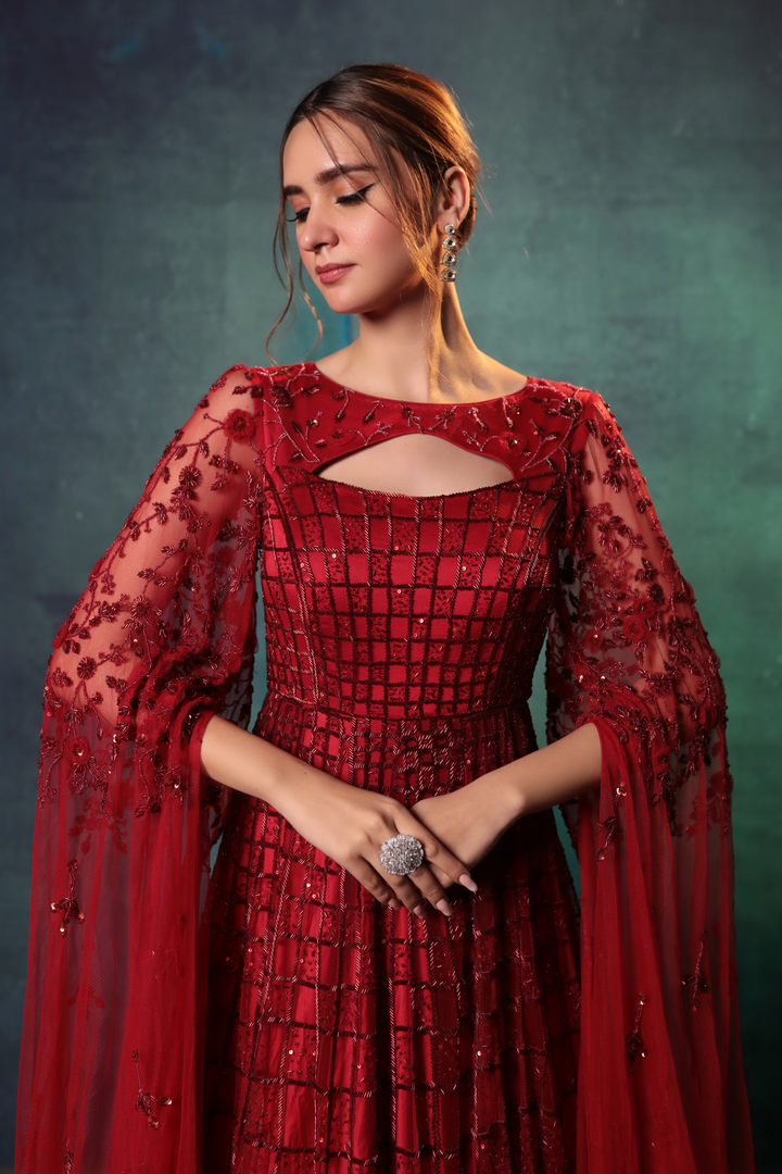 Wine Gown With Exaggerated Sleeves - Bandhani