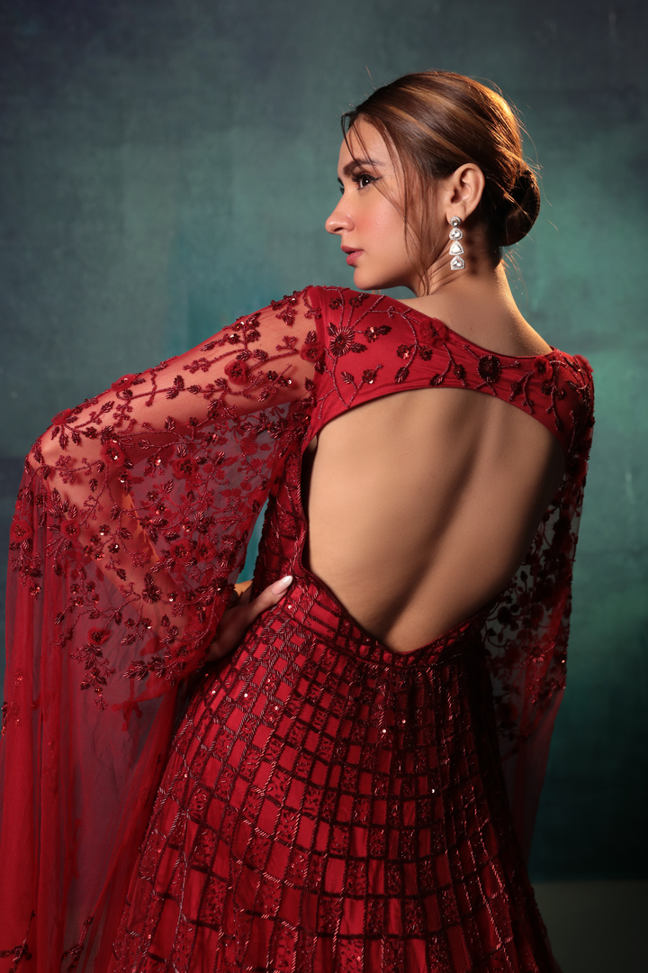 Wine Gown With Exaggerated Sleeves - Bandhani