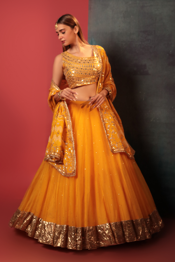 Yellow Bandhani Organza Lehenga Set - Bandhani