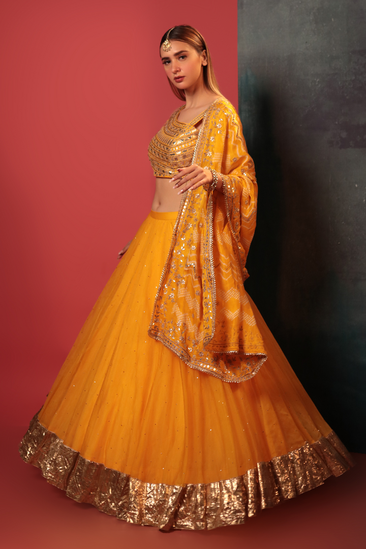 Yellow Bandhani Organza Lehenga Set - Bandhani