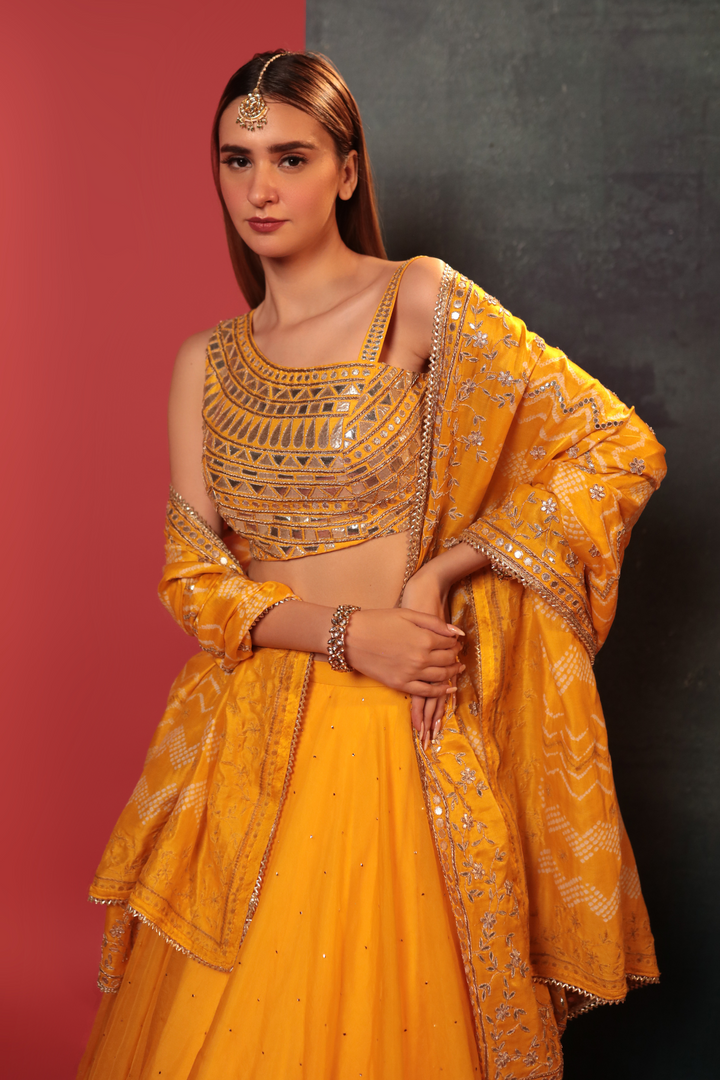 Yellow Bandhani Organza Lehenga Set - Bandhani