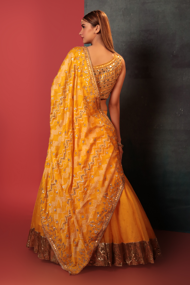 Yellow Bandhani Organza Lehenga Set - Bandhani