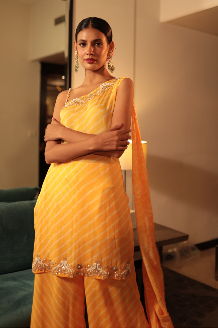 Yellow Short Bandhani Kurta With Cami And Sharara - Bandhani