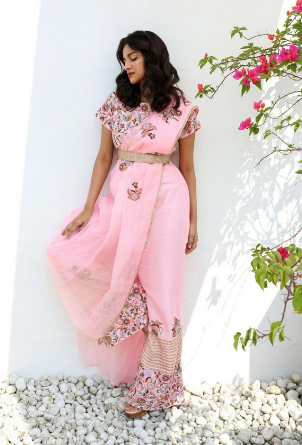 POWDER PINK DRAPE JUMPSUIT SAREE WITH EMBROIDERED BELT