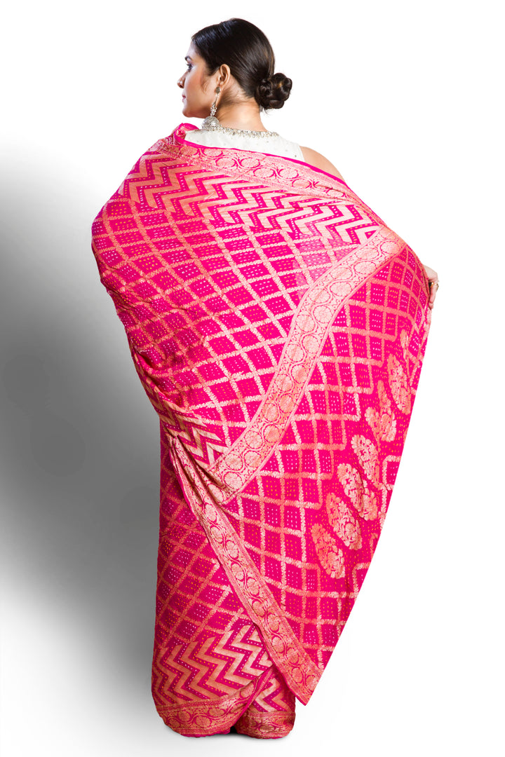 pink saree bandhej