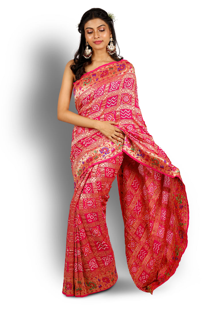 Pink Bandhani Saree with Benarasi weave
